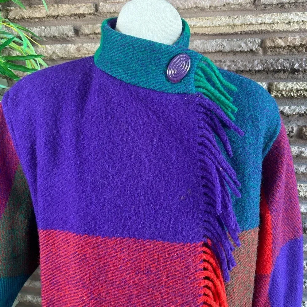 Vintage 80s Gallery Colorblock Melton Wool Blanket Coat With Fringe Size XS